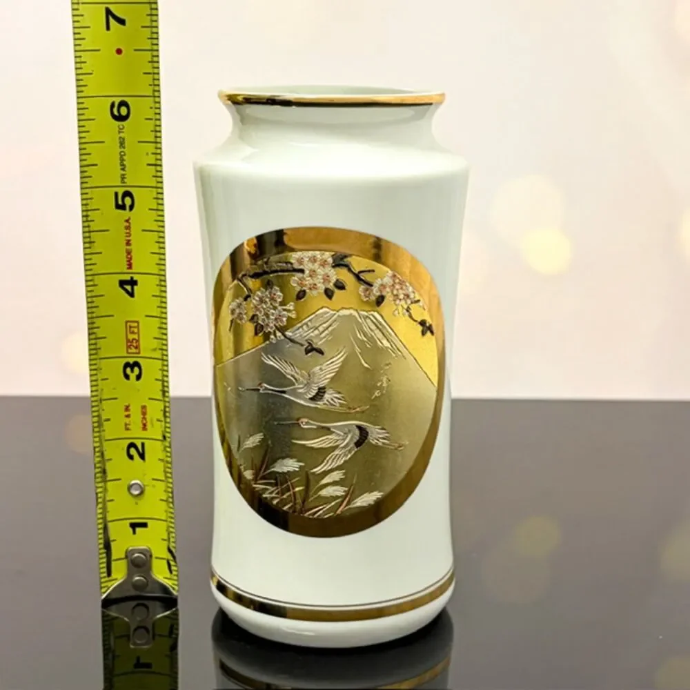 The Art of Chokin Porcelain Vase Cranes Mt Fuji Gold Silver Japan 7